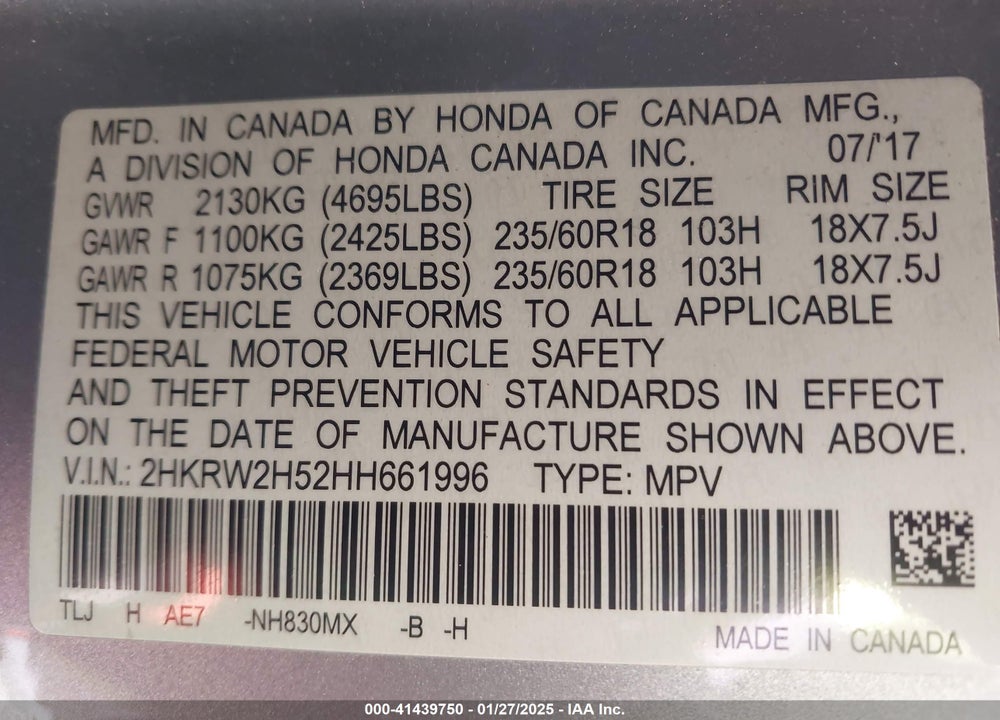 2017 HONDA CR-V VIN: 2HKRW2H52HH661996