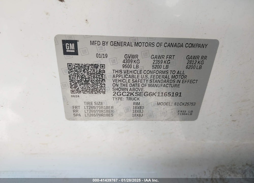 2019 CHEVROLET SILVERADO 2500HD VIN: 2GC2KSEG6K1165191