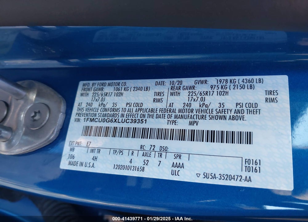 2020 FORD ESCAPE SE VIN: 1FMCU0G6XLUC39351