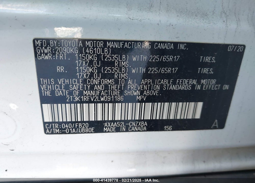 2020 TOYOTA RAV4 LE VIN: 2T3K1RFV2LW091186