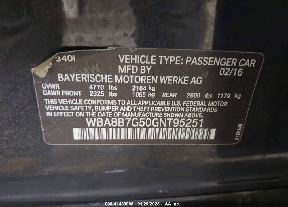 2016 BMW 340I XDRIVE VIN: WBA8B7G50GNT95251