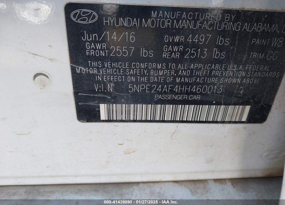 2017 HYUNDAI SONATA VIN: 5NPE24AF4HH460013