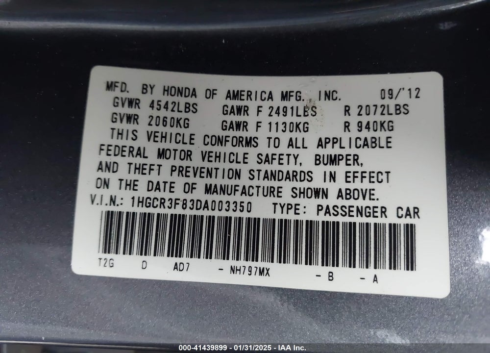 2013 HONDA ACCORD EX-L V-6 VIN: 1HGCR3F83DA003350