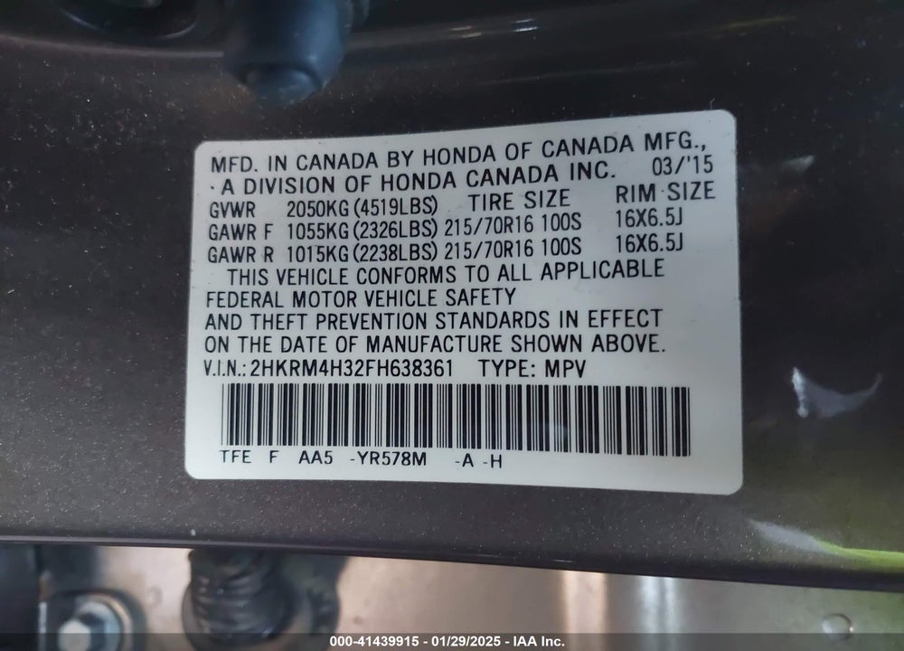 2015 HONDA CR-V LX VIN: 2HKRM4H32FH638361