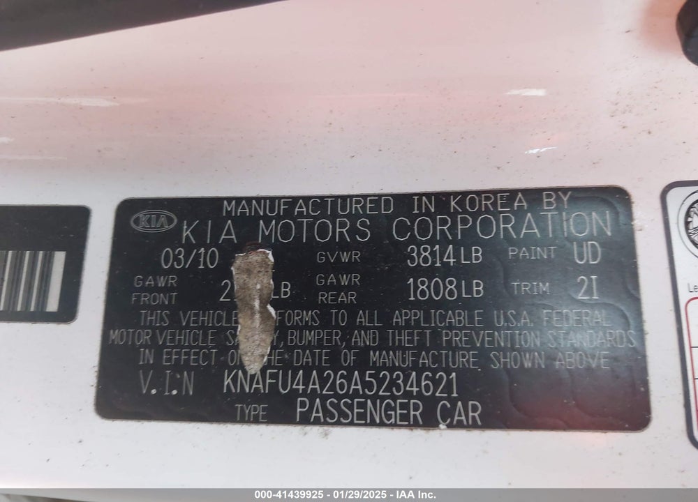 2010 KIA FORTE EX VIN: KNAFU4A26A5234621