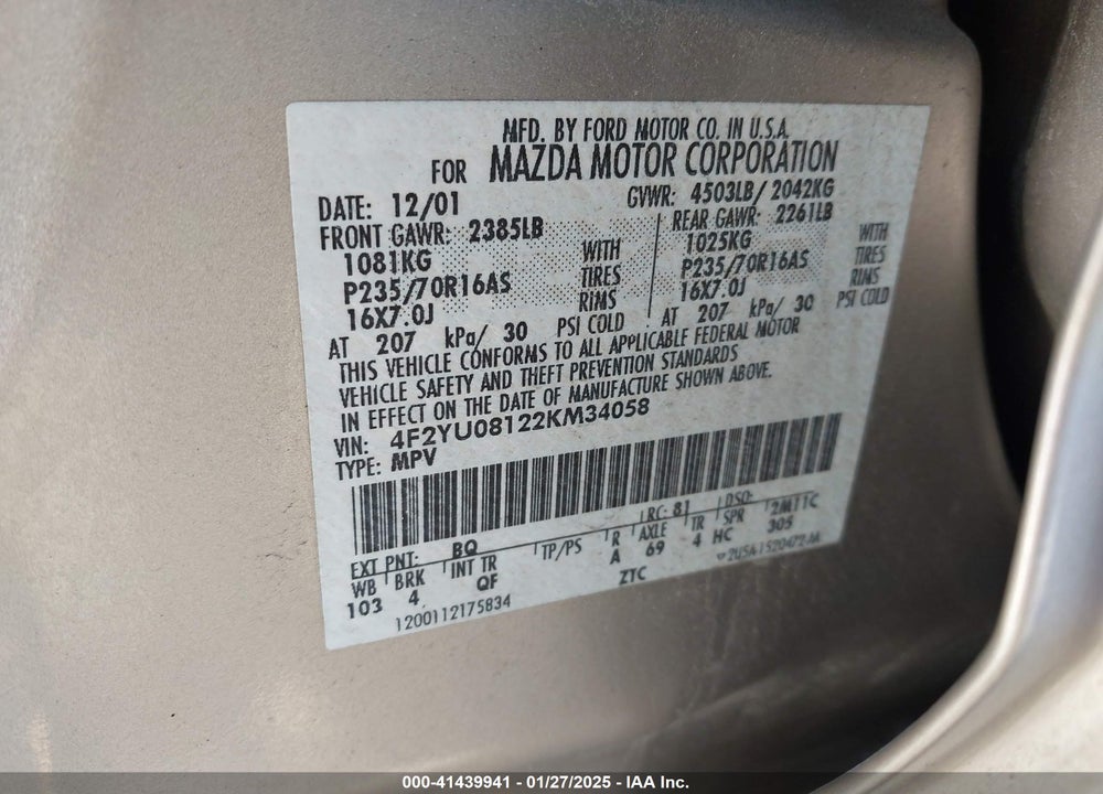 2002 MAZDA TRIBUTE ES V6/LX V6 VIN: 4F2YU08122KM34058