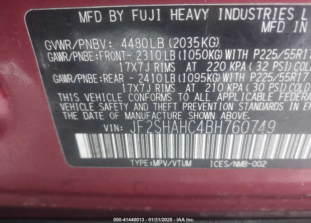 2011 SUBARU FORESTER 2.5X TOURING VIN: JF2SHAHC4BH760749