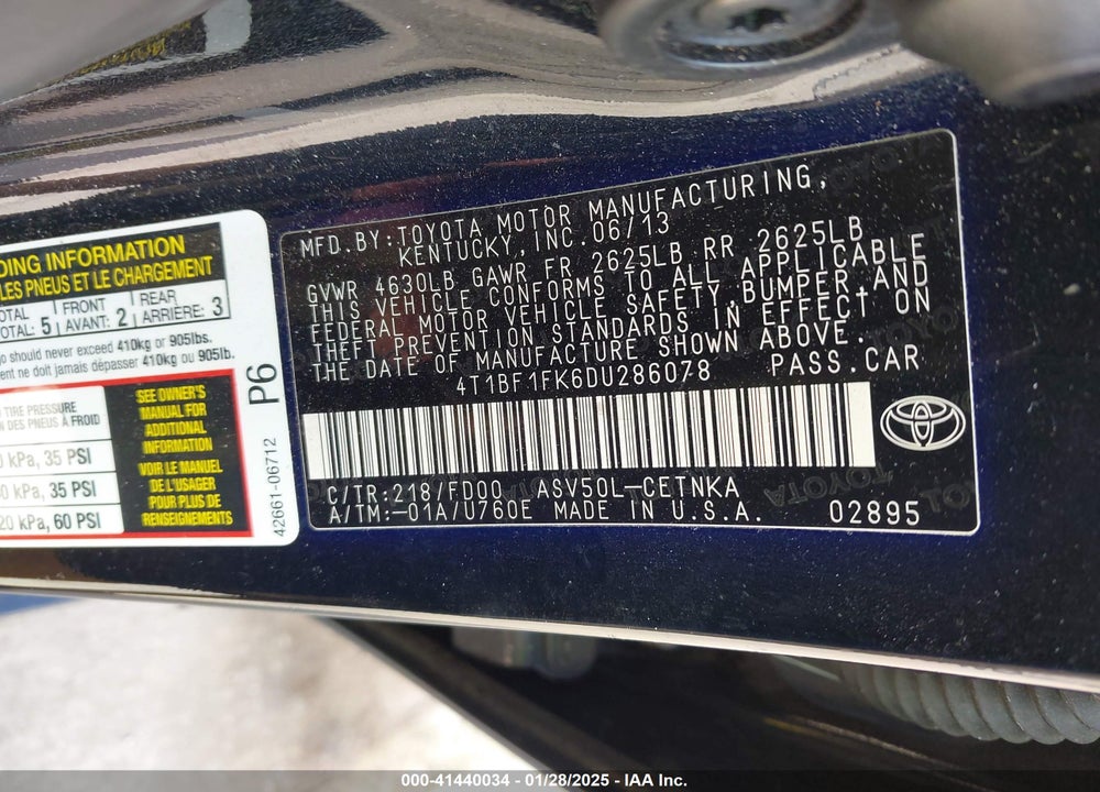 2013 TOYOTA CAMRY LE VIN: 4T1BF1FK6DU286078
