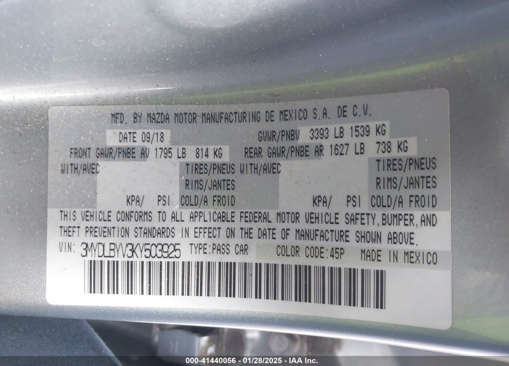 2019 TOYOTA YARIS VIN: 3MYDLBYV3KY503925