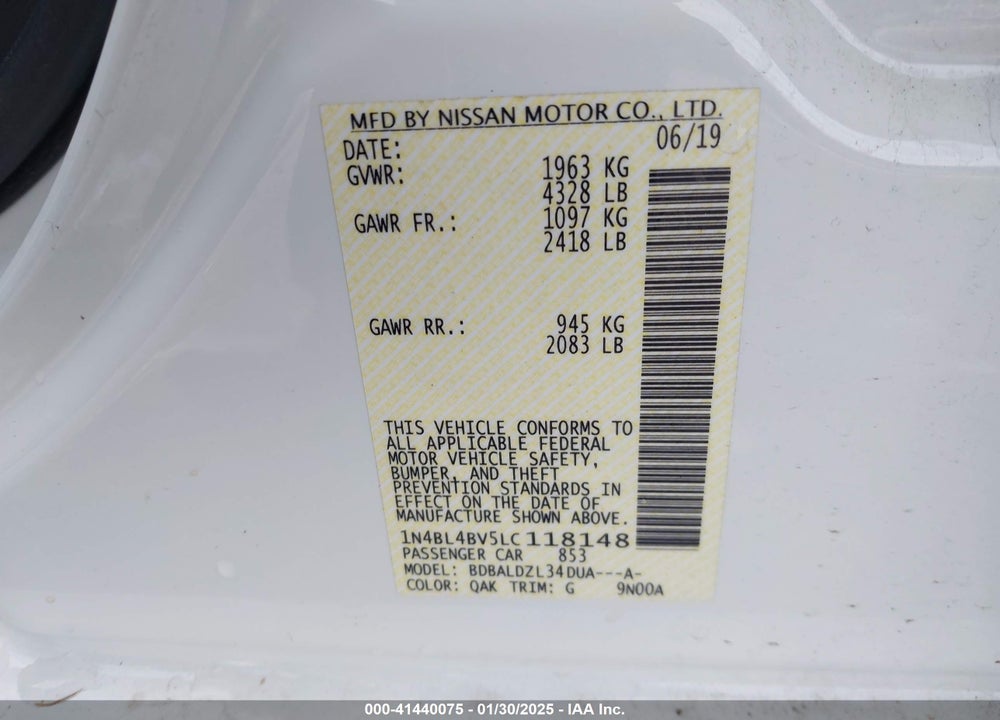 2020 NISSAN ALTIMA S FWD VIN: 1N4BL4BV5LC118148