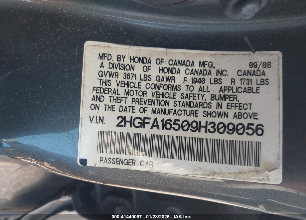 2009 HONDA CIVIC VIN: 2HGFA16509H309056