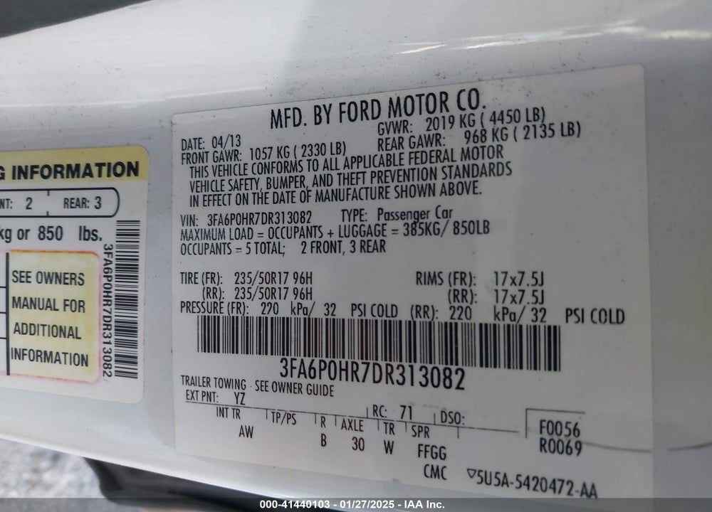 2013 FORD FUSION VIN: 3FA6P0HR7DR313082