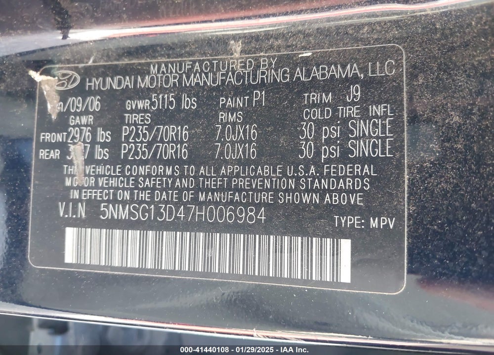 2007 HYUNDAI SANTA FE GLS VIN: 5NMSG13D47H006984