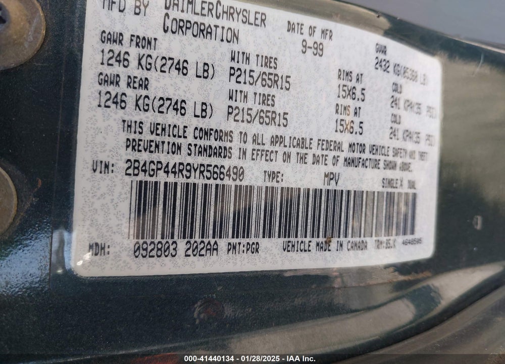 2000 DODGE GRAND CARAVAN SE VIN: 2B4GP44R9YR566490