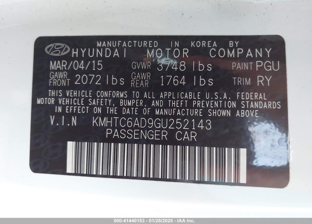 2016 HYUNDAI VELOSTER VIN: KMHTC6AD9GU252143