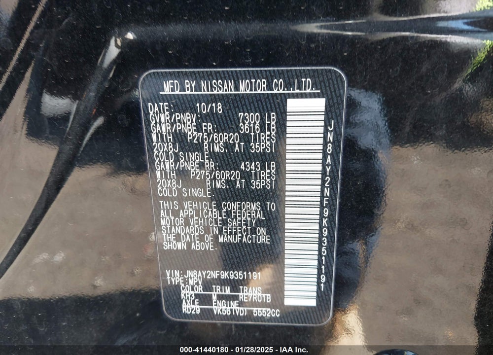 2019 NISSAN ARMADA PLATINUM VIN: JN8AY2NF9K9351191