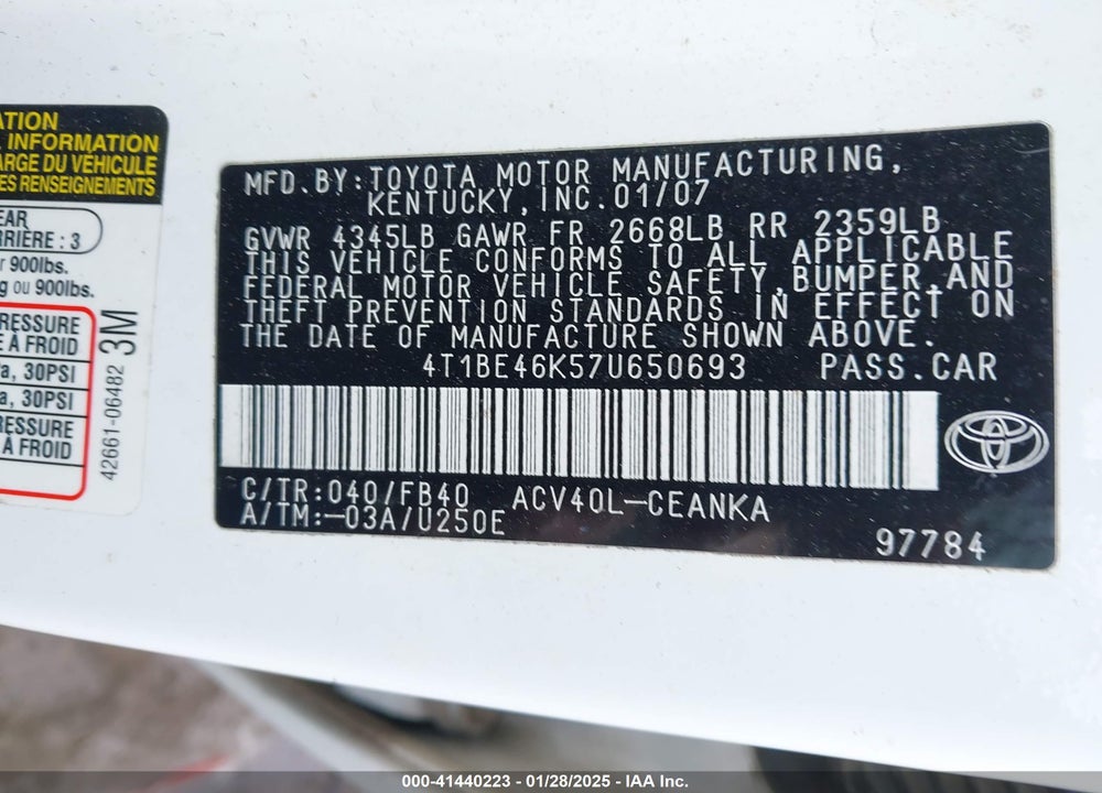 2007 TOYOTA CAMRY VIN: 4T1BE46K57U650693
