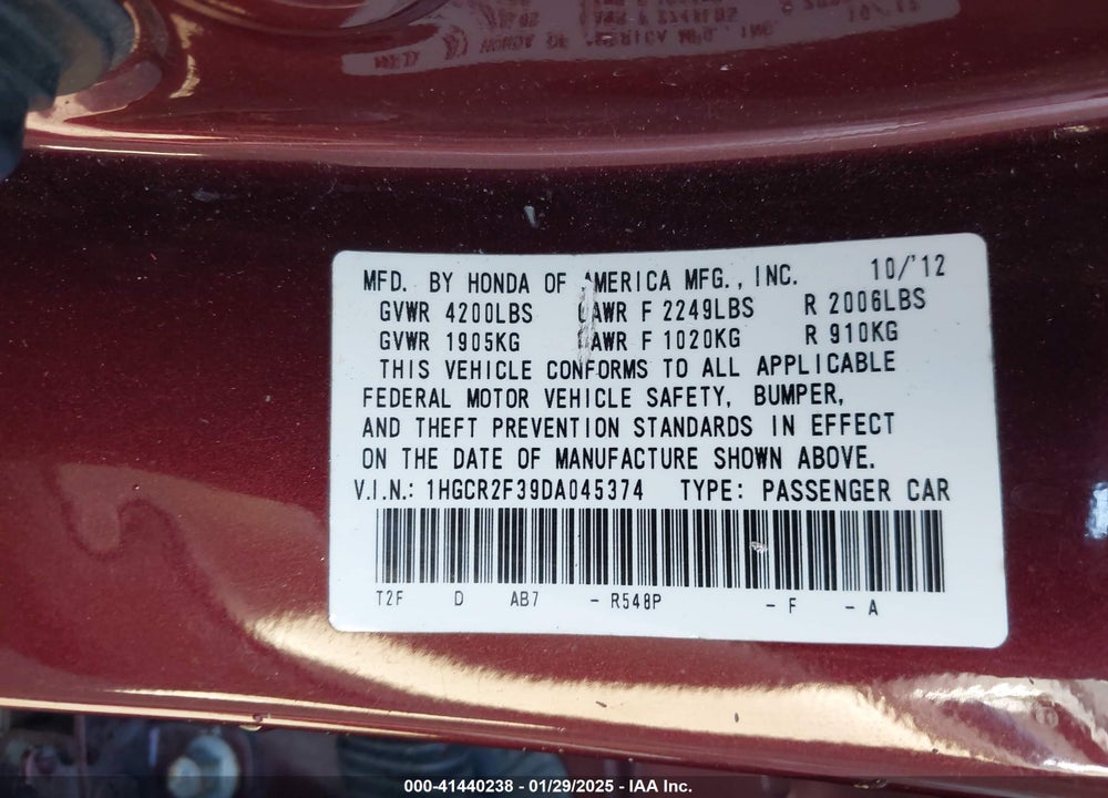 2013 HONDA ACCORD VIN: 1HGCR2F39DA045374