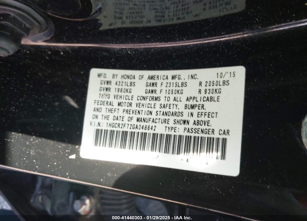 2016 HONDA ACCORD VIN: 1HGCR2F72GA048642
