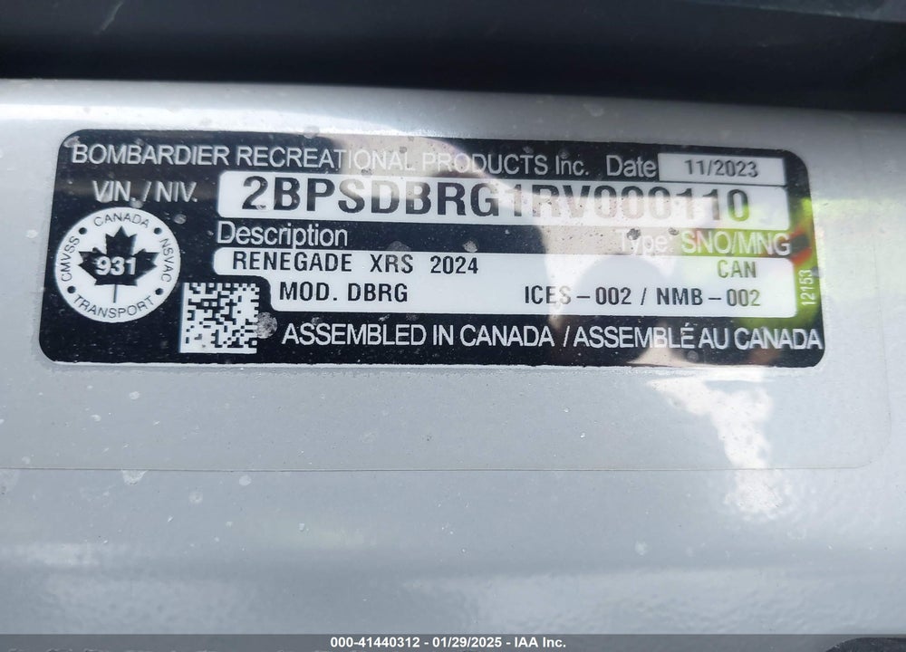 2024 SKI DOO RENEGADE ANDRENALINE VIN: 2BPSDBRG1RV000110