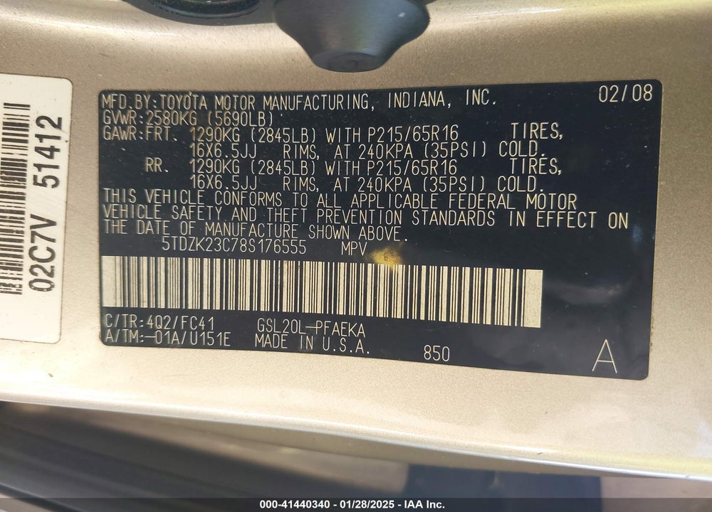 2008 TOYOTA SIENNA LE VIN: 5TDZK23C78S176555