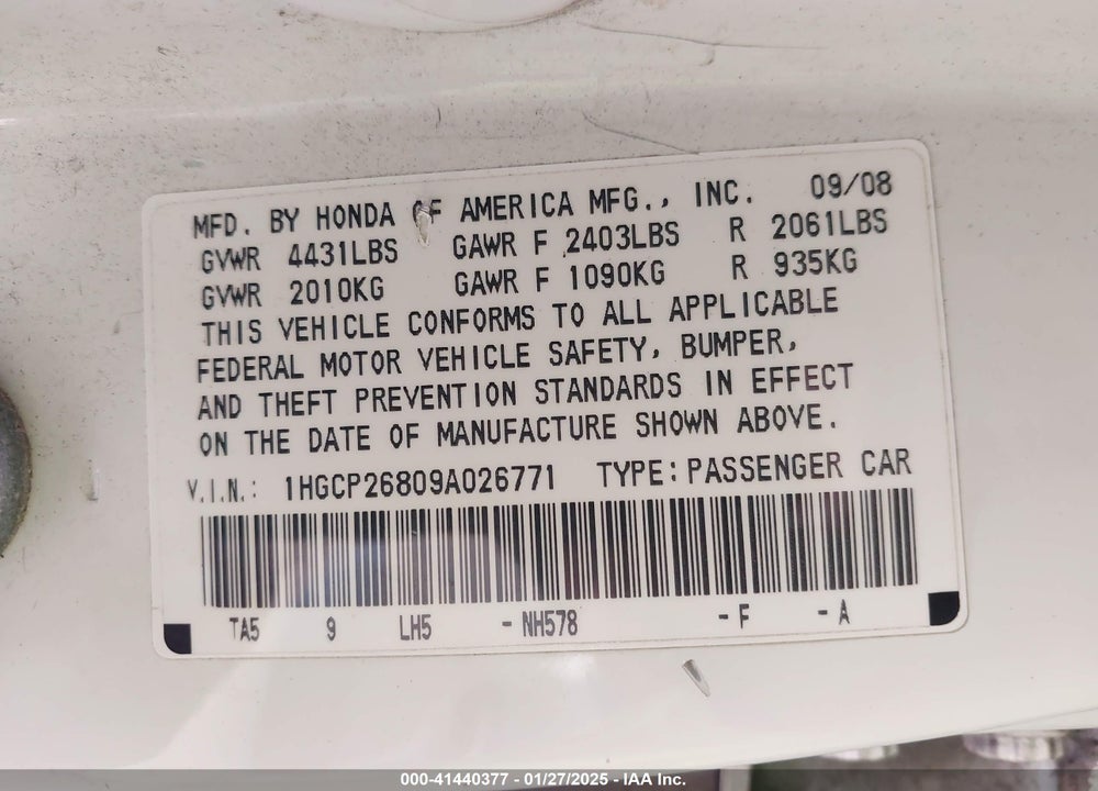 2009 HONDA ACCORD VIN: 1HGCP26809A026771