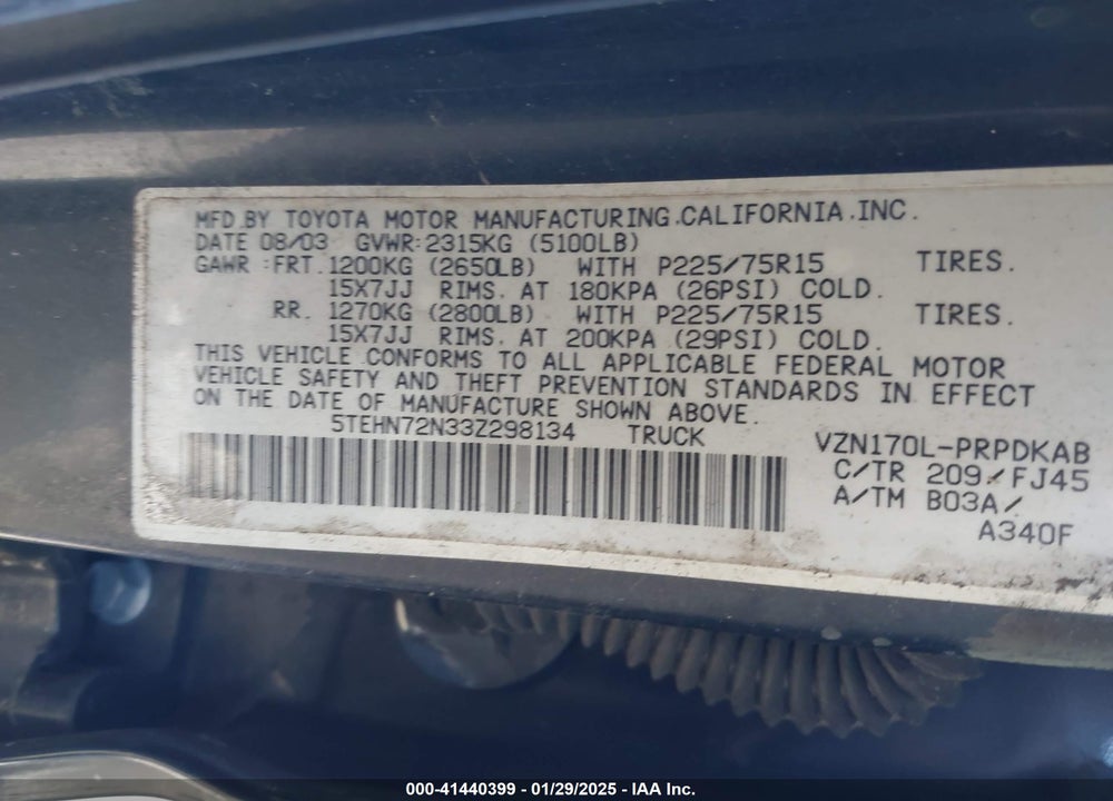 2003 TOYOTA TACOMA BASE V6 VIN: 5TEHN72N33Z298134