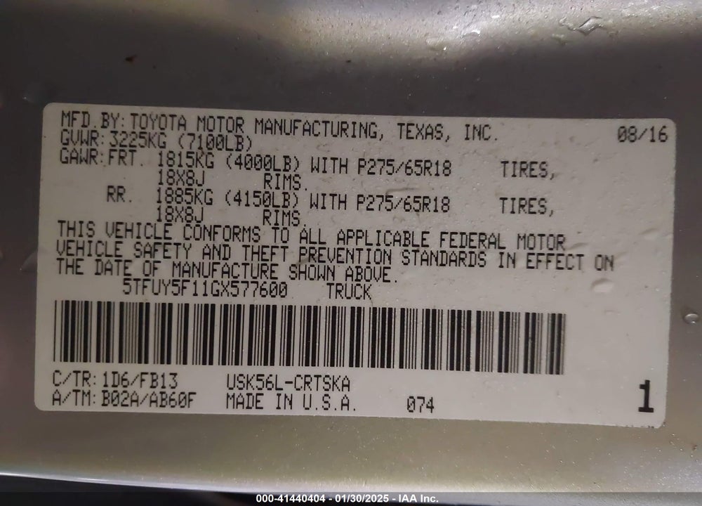 2016 TOYOTA TUNDRA VIN: 5TFUY5F11GX577600
