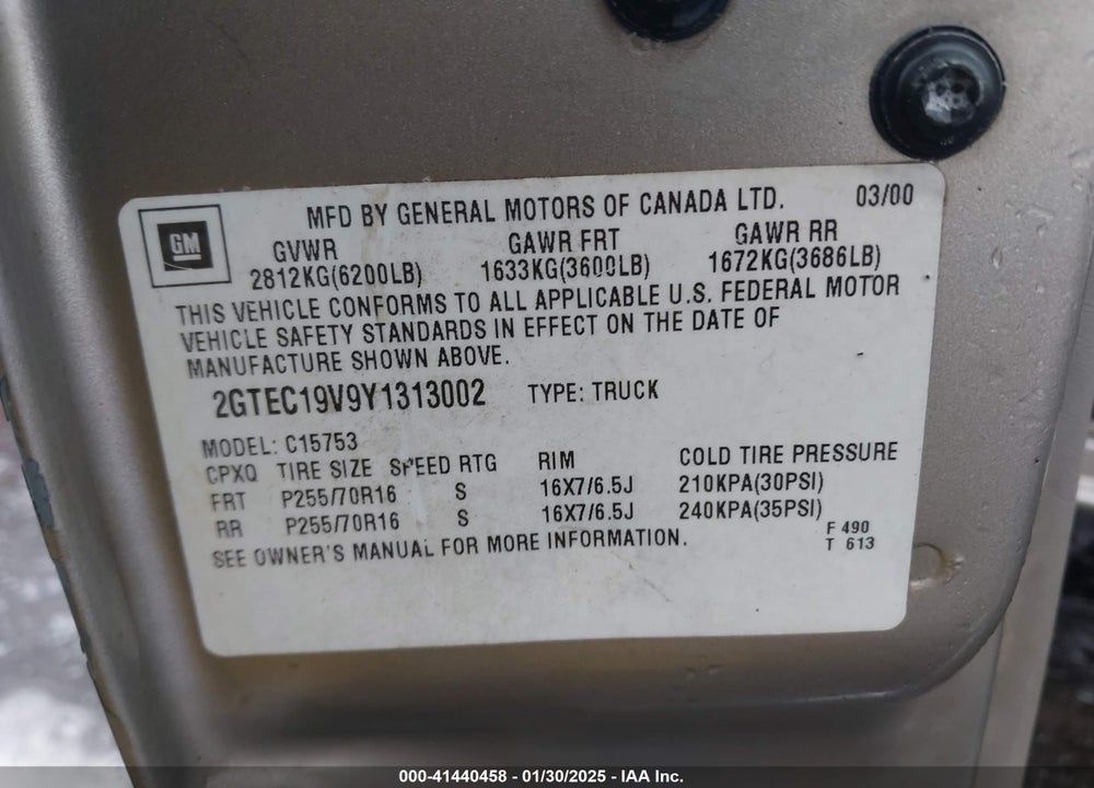 2000 GMC SIERRA 1500 SLE VIN: 2GTEC19V9Y1313002