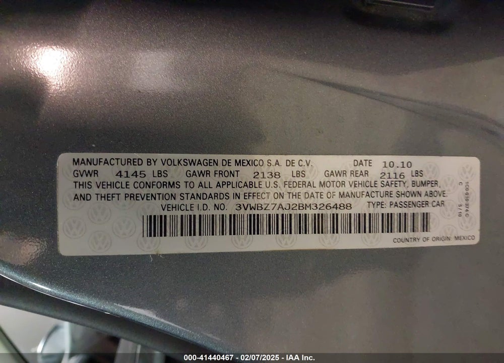 2011 VOLKSWAGEN JETTA 2.5L SE VIN: 3VWBZ7AJ2BM326488