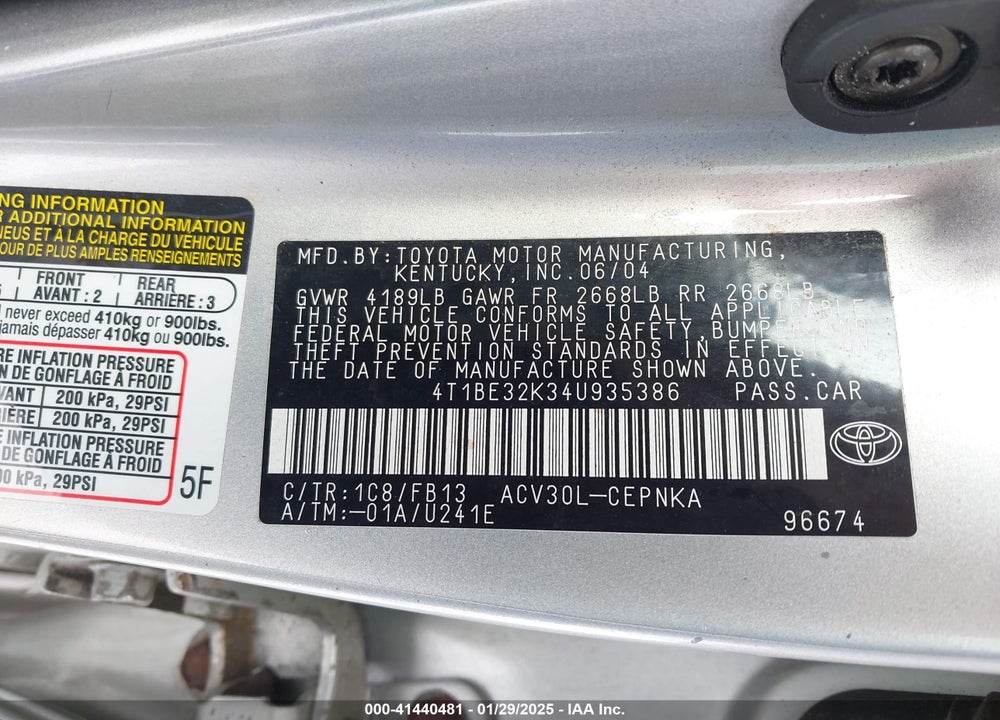 2004 TOYOTA CAMRY LE VIN: 4T1BE32K34U935386