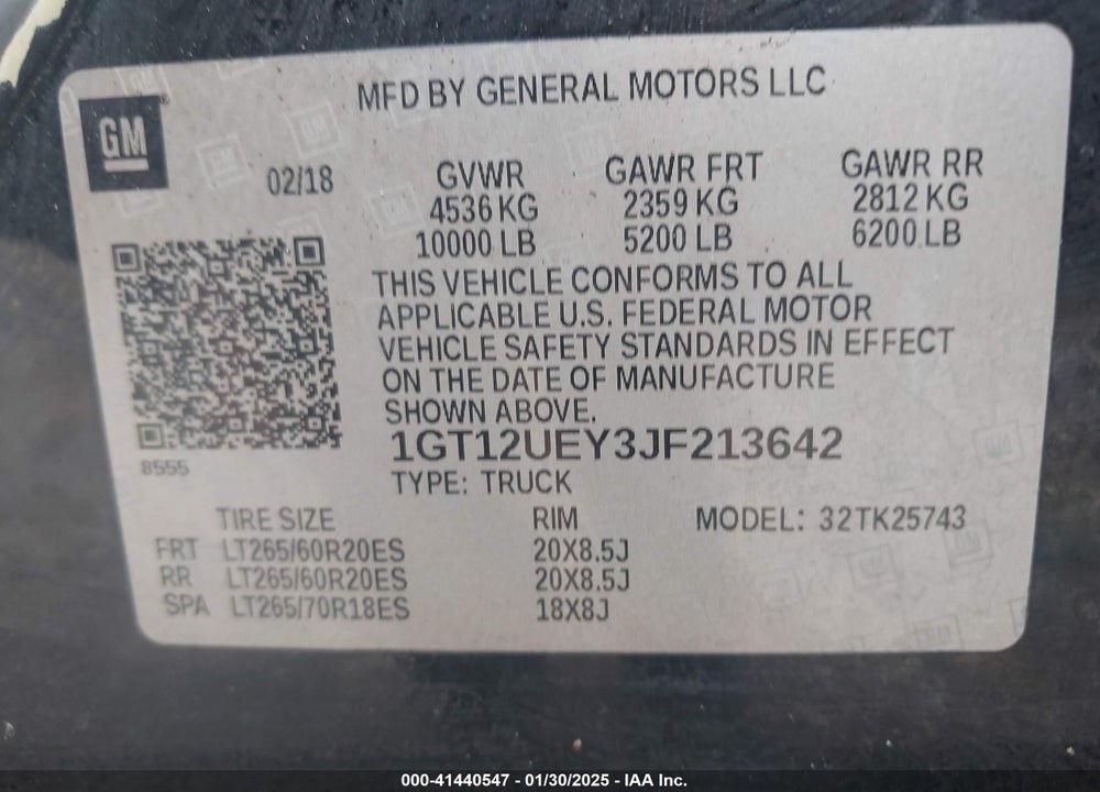 2018 GMC SIERRA VIN: 1GT12UEY3JF213642