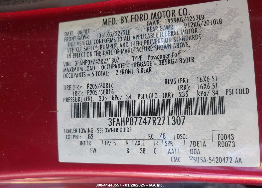 2007 FORD FUSION SE VIN: 3FAHP07Z47R271307