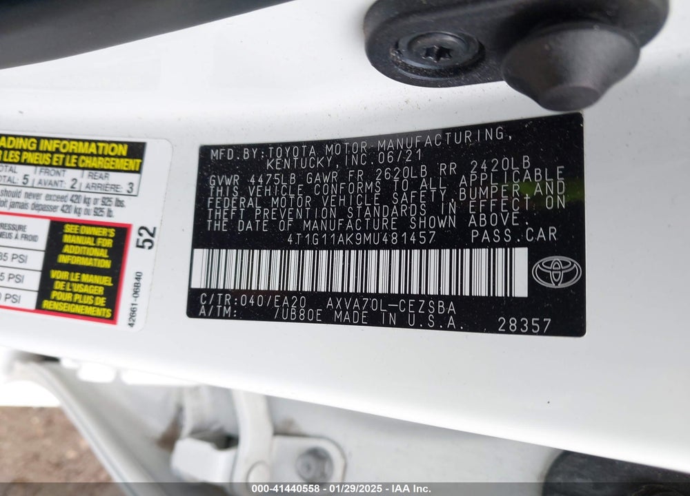 2021 TOYOTA CAMRY VIN: 4T1G11AK9MU481457