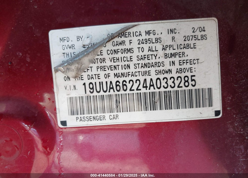 2004 ACURA TL VIN: 19UUA66224A033285