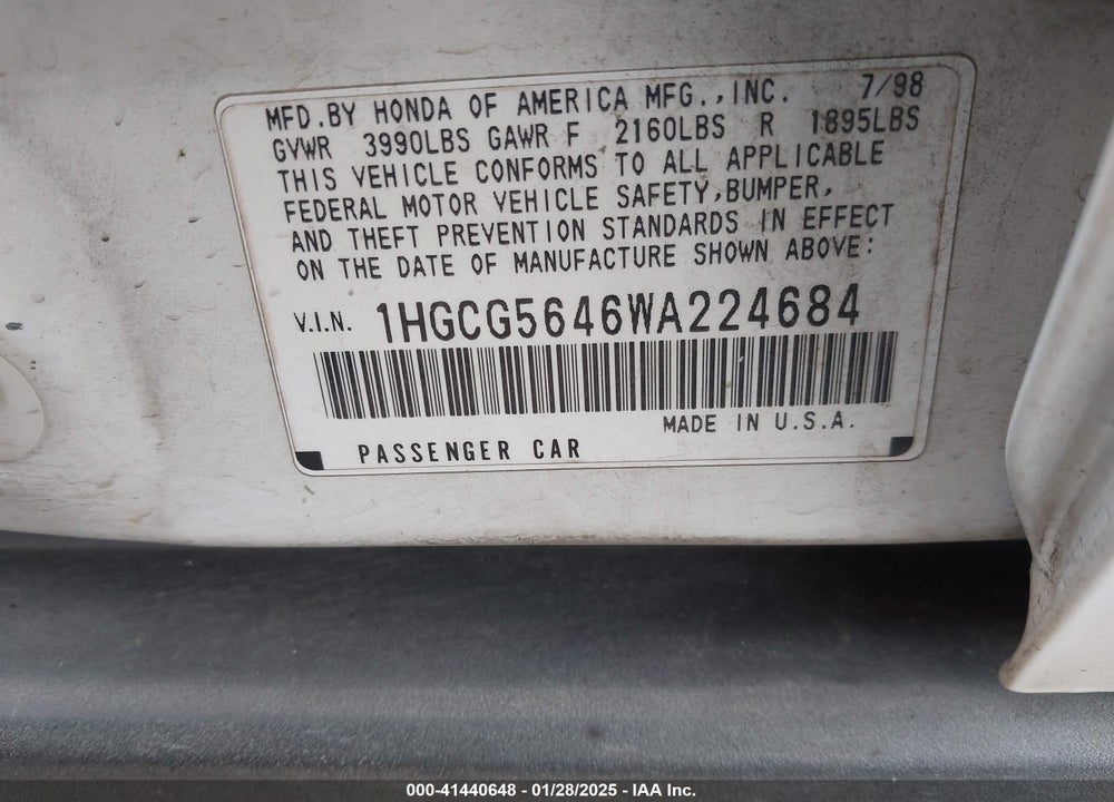 1998 HONDA ACCORD LX VIN: 1HGCG5646WA224684