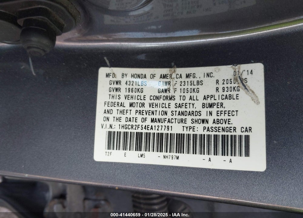 2014 HONDA ACCORD VIN: 1HGCR2F54EA127791