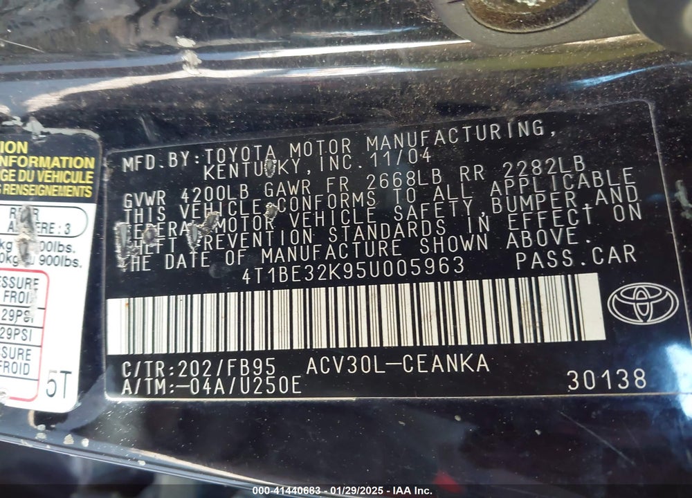 2005 TOYOTA CAMRY STD/ VIN: 4T1BE32K95U005963