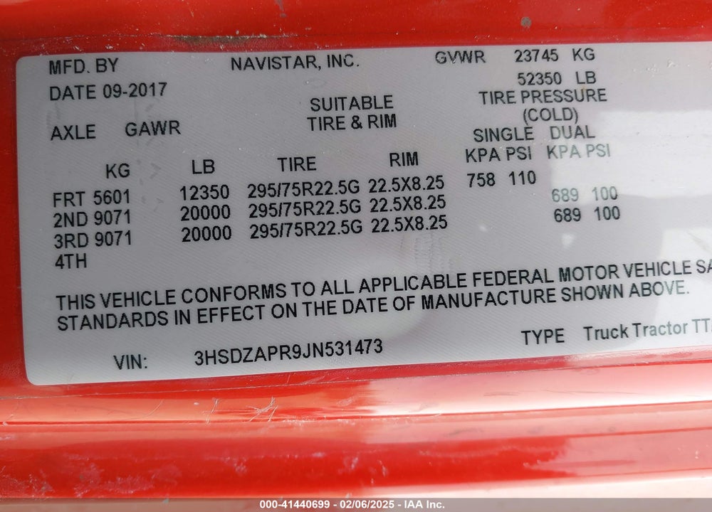 2018 INTERNATIONAL LT VIN: 3HSDZAPR9JN531473