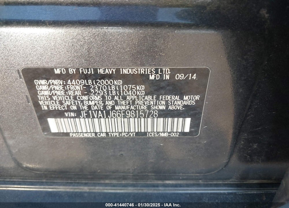 2015 SUBARU WRX VIN: JF1VA1J66F9815728