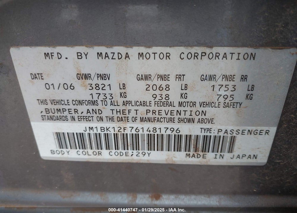 2006 MAZDA MAZDA3 VIN: JM1BK12F761481796