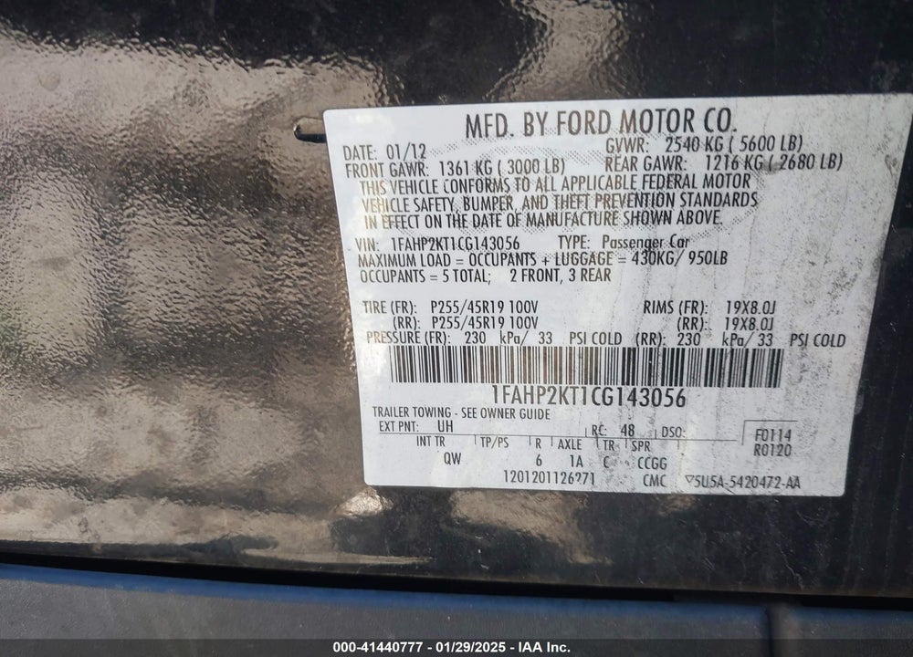 2012 FORD TAURUS VIN: 1FAHP2KT1CG143056