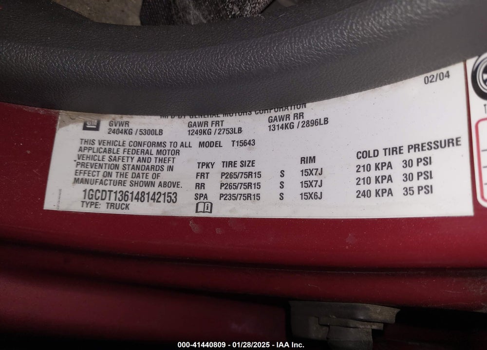 2004 CHEVROLET COLORADO LS VIN: 1GCDT136148142153