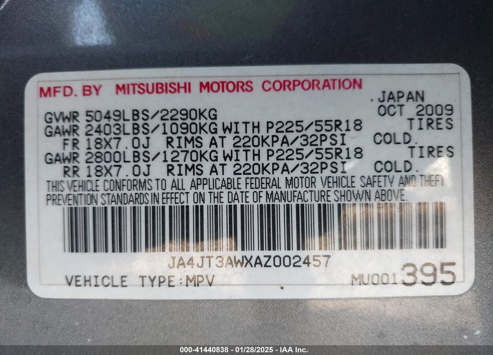 2010 MITSUBISHI OUTLANDER SE VIN: JA4JT3AWXAZ002457