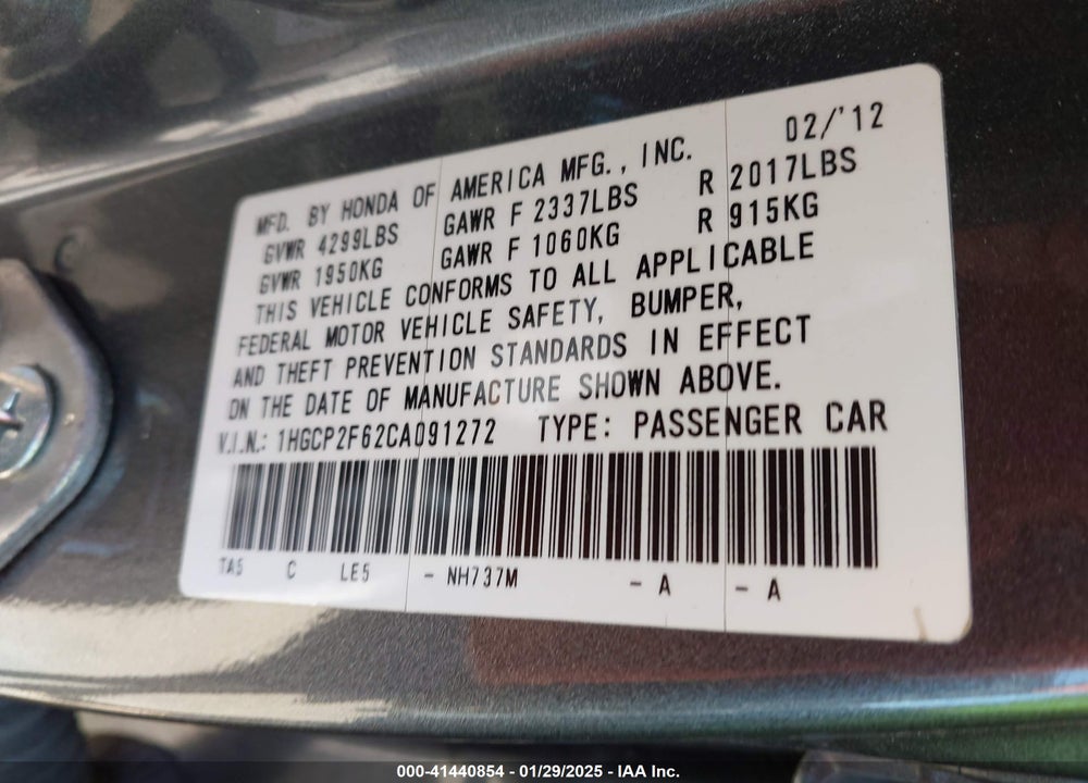 2012 HONDA ACCORD VIN: 1HGCP2F62CA091272