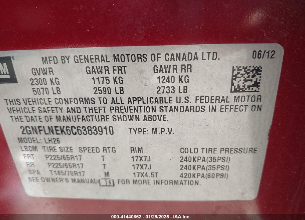 2012 CHEVROLET EQUINOX 2LT VIN: 2GNFLNEK6C6383910