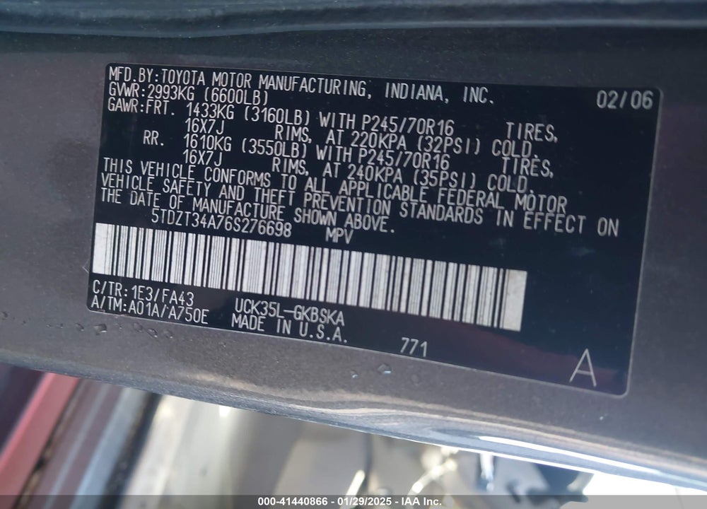 2006 TOYOTA SEQUOIA VIN: 5TDZT34A76S276698