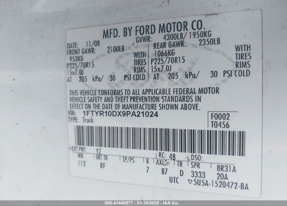 2009 FORD RANGER VIN: 1FTYR10DX9PA21024