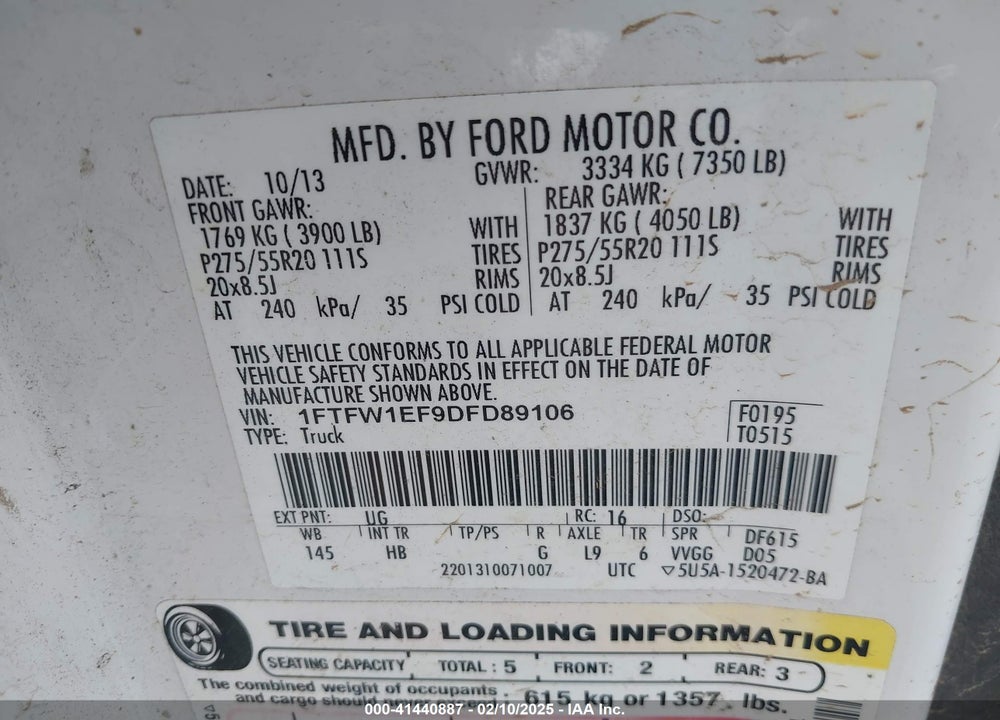 2013 FORD F-150 FX4/KING RANCH/LARIAT/PLATINUM/XL/XLT VIN: 1FTFW1EF9DFD89106