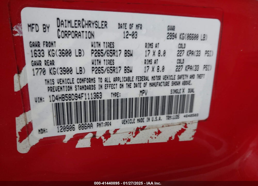 2004 DODGE DURANGO LIMITED VIN: 1D4HB58D94F111363